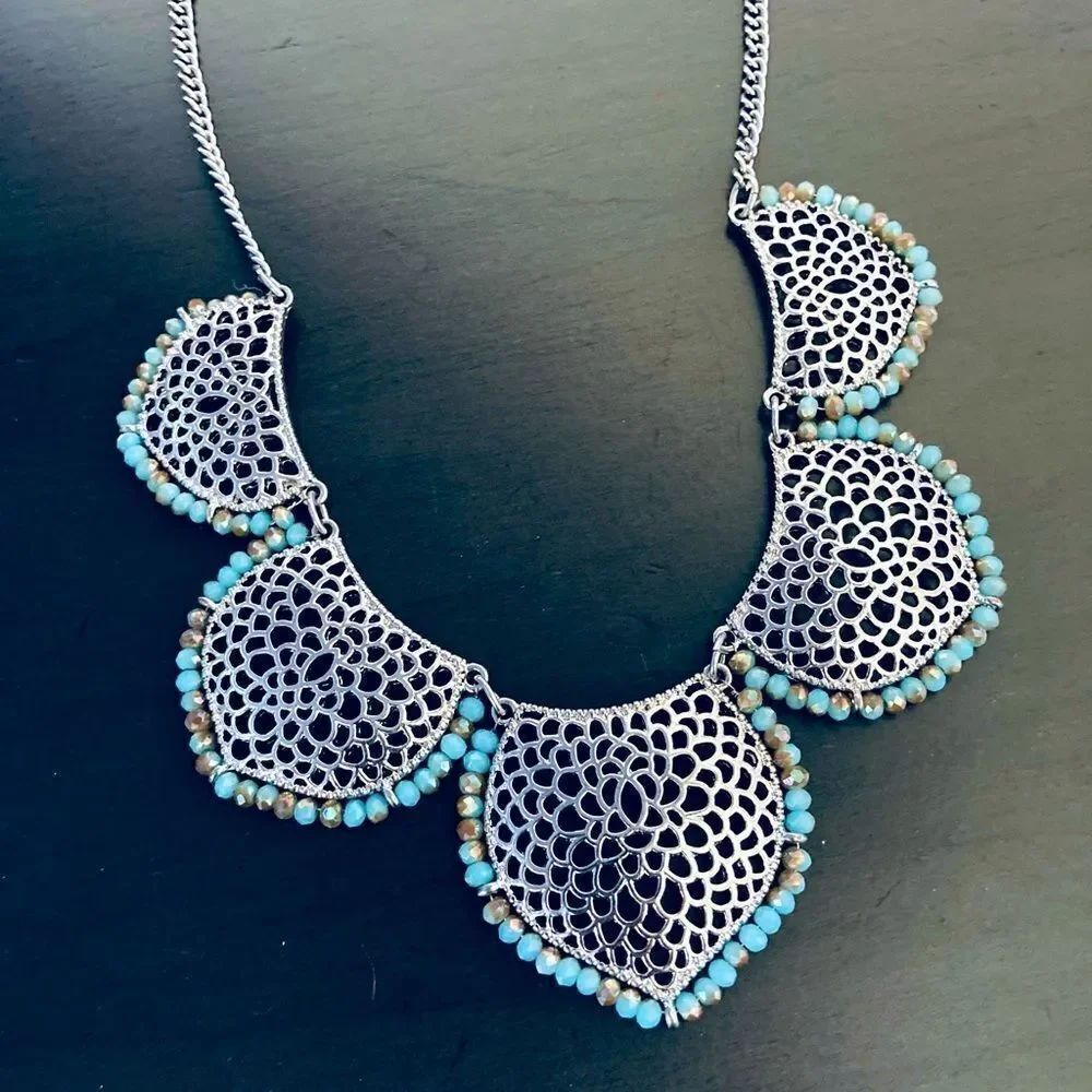 Silver Iridescent Beaded Lace Mesh Necklace
